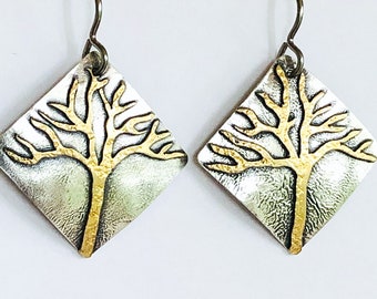 Silver Brass Diamond Square Tree Mixed Metal Earrings