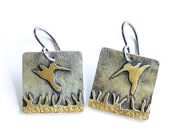 Silver Brass Square Hummingbird Earrings