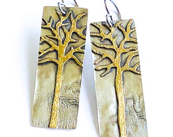 Silver Brass Rectangle Tall Tree Earrings