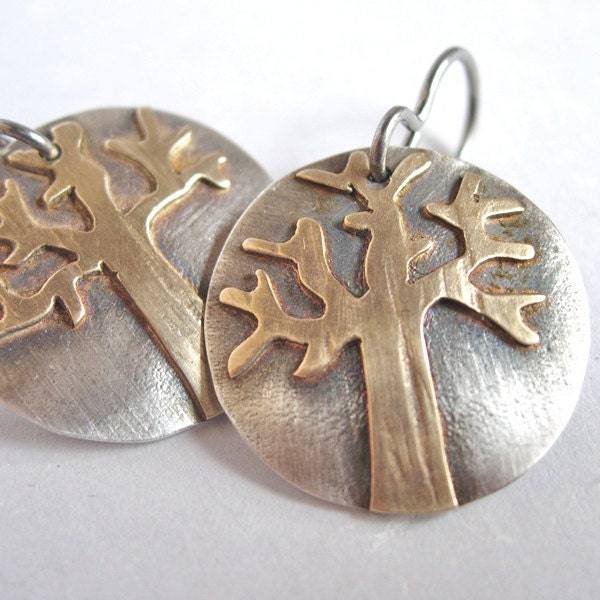 Silver Brass Round Tree Mixed Metal Earrings