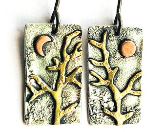 Silver Brass Rectangle Tree with Moon Earrings