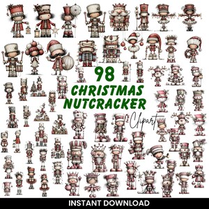 Pode incluir: Uma coleção de 98 ilustrações digitais apresentando vários personagens de quebra-nozes em tons de vermelho, branco e cores suaves. O texto 98 CHRISTMAS NUTCRACKER Clipart e INSTANT DOWNLOAD é exibido no centro entre as figuras.