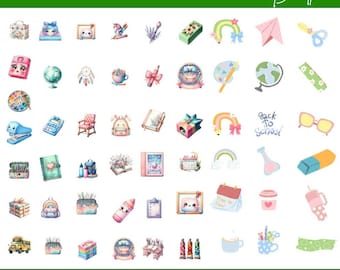 Pacote com 55 adoráveis imagens PNG em tons pastel para material escolar - Materiais escolares para a volta às aulas.