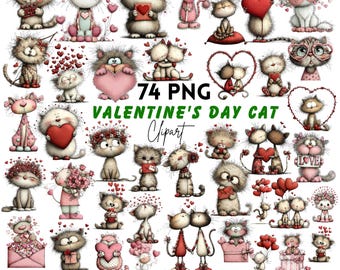 Whimsical Cats Valentine's Day Clipart: Love Graphics (Digital Download - 74 PNGs)