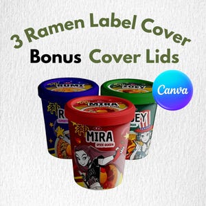 May include: Three ramen label covers with bonus cover lids. The labels are blue, red, and green, each with a different design and text. The red label features "MIRA SPICE QUEEN" with an illustration. The text "3 Ramen Label Cover Bonus Cover Lids" is at the top.