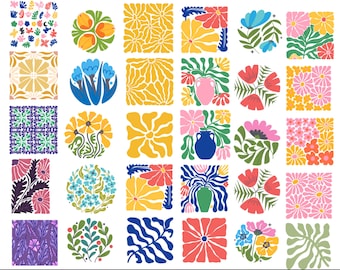 Paquete de imágenes prediseñadas florales retro en formato SVG y PNG con flores abstractas
