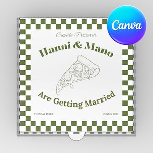 May include: A white pizza box with a green and white checkered pattern. The box has a graphic of a pizza slice and the text "Cupide Pizzeria", "Hanni & Mano", "Are Getting Married", "Tuesday Italy", and "June 8, 2025".