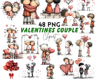 Valentine's Day Couple Clipart: Whimsical Love Graphics (Digital Download - 48 PNGs)