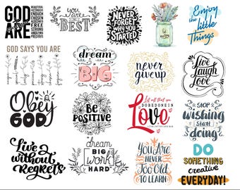 May include: A digital SVG bundle with 38 inspirational quotes and phrases in various fonts and styles. The phrases include "God Says You Are," "Dream Big," "Never Give Up," and "Live Laugh Love." The image also includes file type information.