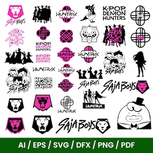 Puede incluir: Una colección de diseños gráficos en negro y rosa con texto e ilustraciones. Los diseños incluyen las palabras "SAJA BOYS", "HUNTRIX" y "K-POP DEMON HUNTERS", junto con formas de león y abstractas. La imagen también incluye información sobre el tipo de archivo.