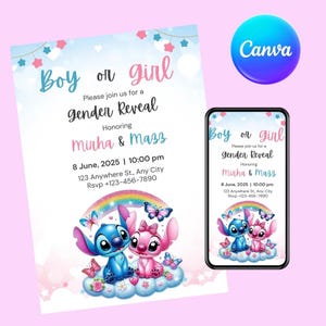 Plantilla editable de invitación para revelar el género de Stitch, invitación de revelación de género de Angel Stitch en Canva, invitaciones imprimibles para baby shower de Stitch rosa y azul.