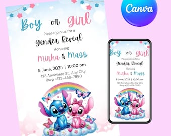 Stitch Gender Reveal-uitnodiging: roze en blauwe Evite (canvasjabloon)