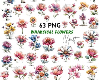 Clipart printanier de fleurs fantaisistes : graphiques floraux (téléchargement numérique - 63 fichiers PNG)