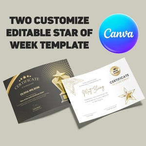 Star of Week Certificate for Office Employee Week Certificate Preschool or Elementary School Students Certificate Editable Canva Template