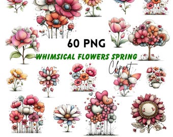 Clipart printanier de fleurs fantaisistes : graphiques floraux (téléchargement numérique - 60 fichiers PNG)