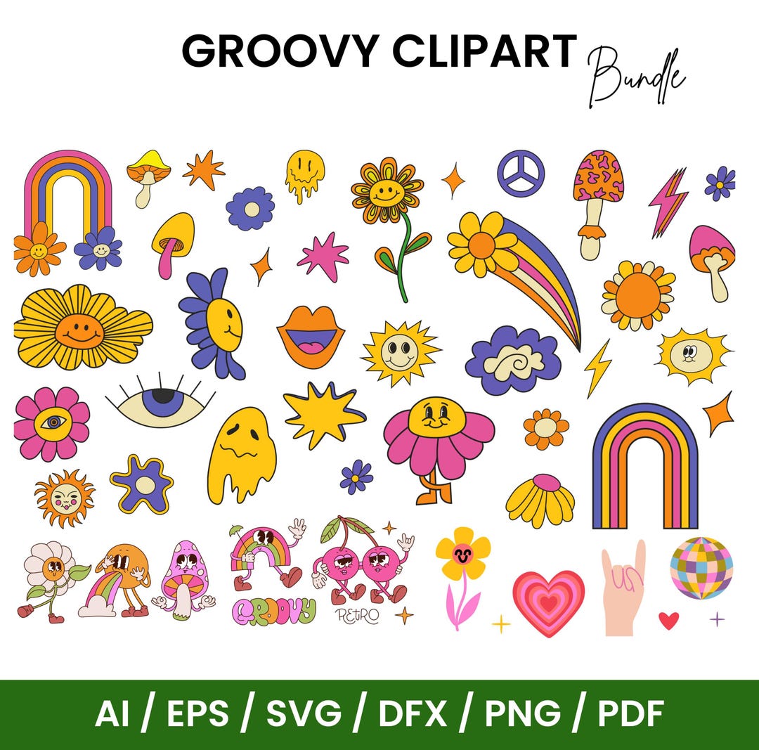 Retro Groovy Clipart Bundle, Happy Face, Daisy Flower (digital Download ...