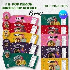 Könnte beinhalten: Eine Sammlung von fünf K-Pop Demon Hunter Cup Noodle-Packungen, jede mit einem anderen Design und Geschmack. Die Packungen zeigen Bilder von K-Pop-Idolen und die Geschmacksrichtungen sind mit Jinu, Baby, Abby, Mystery und Romance gekennzeichnet. Der Text "Bonus" ist ebenfalls sichtbar.