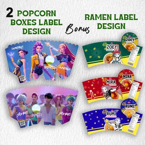 Op de afbeelding: Een ontwerp met popcorn dozen en ramen labels. De popcorn dozen hebben illustraties van geanimeerde karakters met de tekst "HUNTR" en "Sit Boys". De ramen labels tonen illustraties en de namen "ZOEY", "MIRA" en "RUMI".