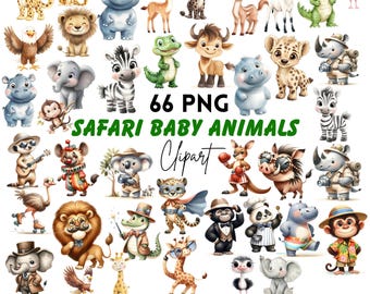 Watercolor Jungle Baby Animals Clipart: Safari Zoo 66 PNG (Digital Download)