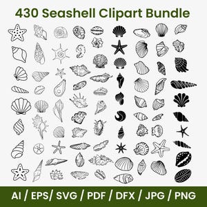 May include: A black and white illustration featuring 430 seashell clipart designs. The image showcases diverse seashell shapes, starfish, and the text "430 Seashell Clipart Bundle". File formats include AI, EPS, SVG, PDF, DFX, JPG, and PNG.