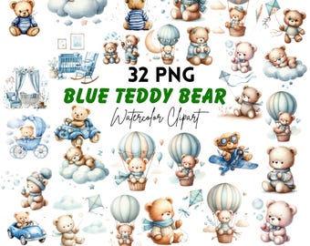 Clipart aquarel teddybeer: blauwe babyknuffels png-set (digitale download 32 png's)