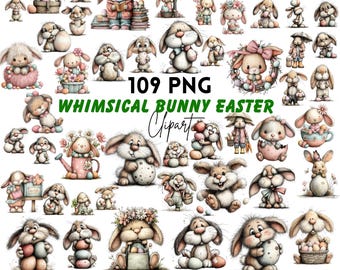 Easter Bunny Whimsical Clipart: Adorable Graphics (Digital Download - 109 PNGs)