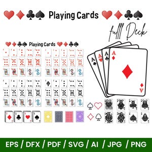 May include: A full deck of playing cards with suits of hearts, diamonds, clubs, and spades. The image includes a fan of Aces, a complete set of cards, and the words "Playing Cards" and "full Deck".