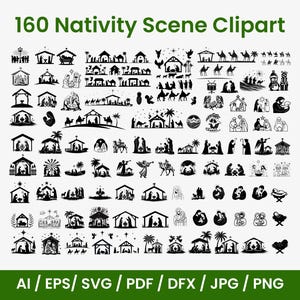 May include: A selection of 160 black and white Nativity scene clipart images. The images show scenes such as the Holy Family, angels, and the Three Wise Men. The text "160 Nativity Scene Clipart" is at the top, with file type options at the bottom.