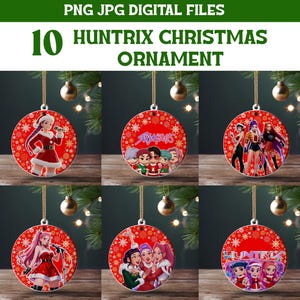 May include: A collection of ten red, round Christmas ornaments, each with a gold hanging string. The ornaments display images of a group of people and the text "HUNTRIX CHRISTMAS ORNAMENT". The ornaments are suitable for festive decoration.