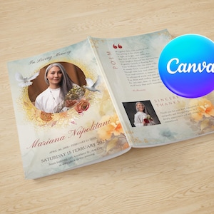 Bewerkbare Canva-sjabloon voor bloemenbegrafenisprogramma Ter ere van het leven van het uitvaartprogramma Doodsbrief Orde van dienst Brochure viering leven