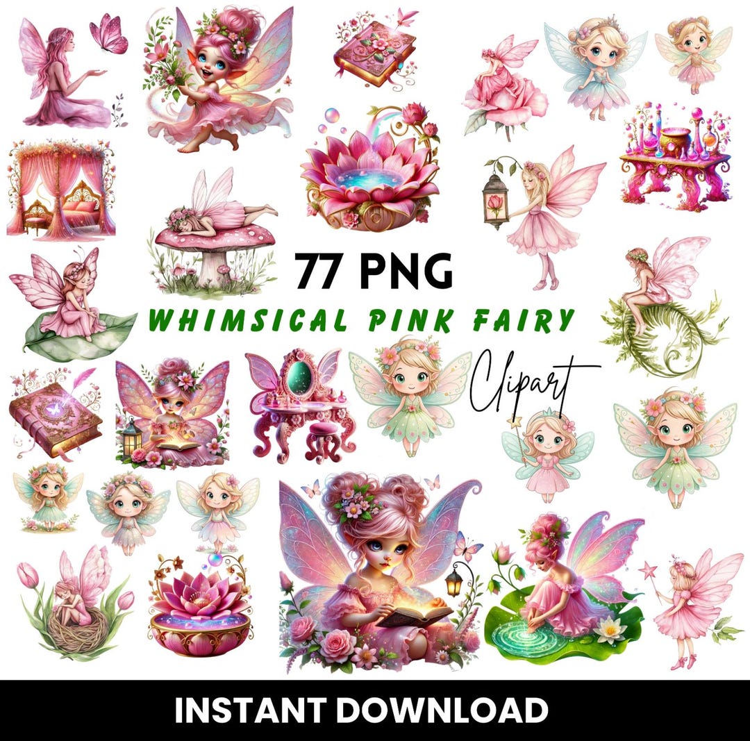 77 Whimsical Pink Fairy Clipart – Watercolor Nursery Art (digital ...