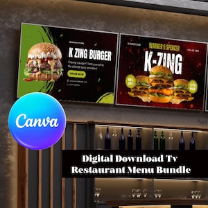 May include: Two digital restaurant menu displays with a black background and green and red accents. The displays feature images of burgers with the text "K Zing Burger" and "K-Zing".