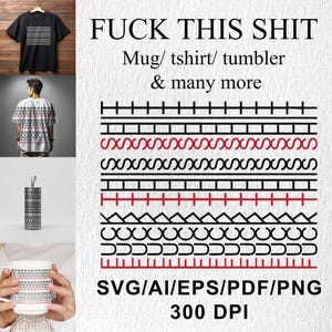 May include: Black t-shirt with a white geometric pattern. The image also shows a white and black patterned shirt, a tumbler, and a mug. Text reads "FUCK THIS SHIT" and "Mug/tshirt/tumbler & many more."