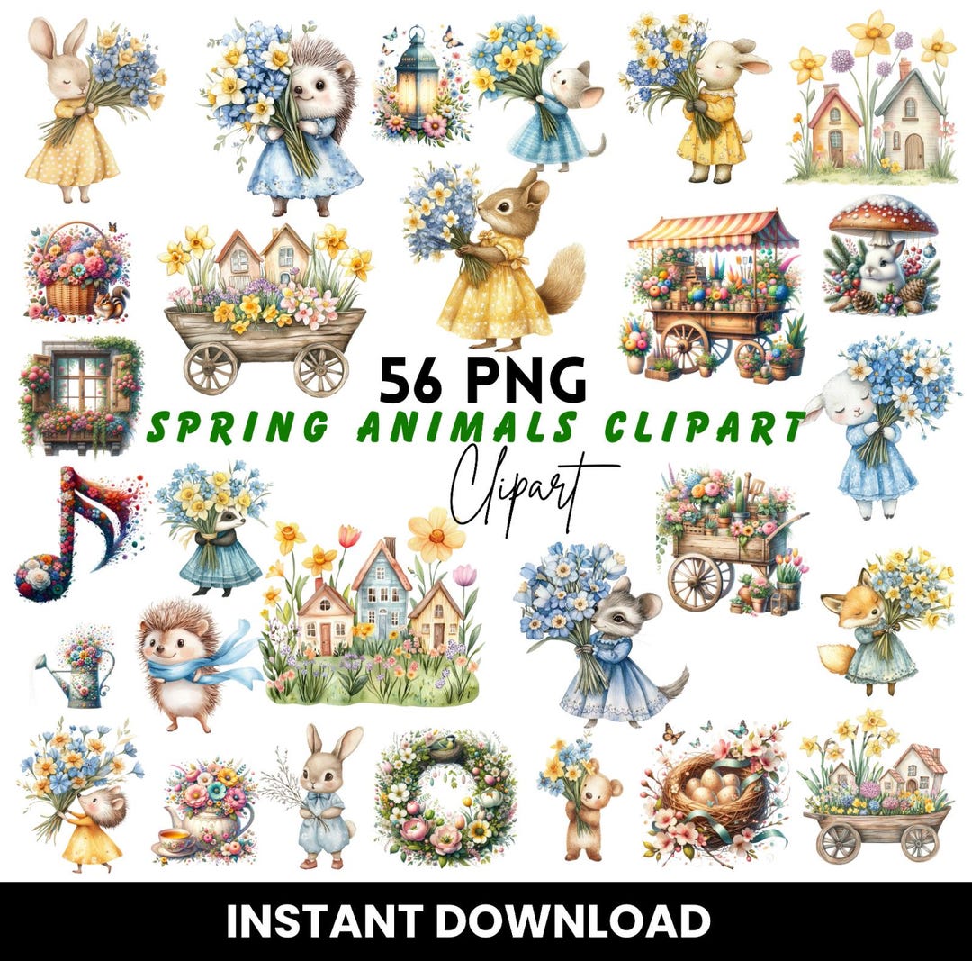 Bitmap Spring Animals Watercolor Spring Animals Clipart – 56 PNG Whimsical Woodland Creatures ...