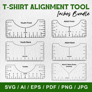 Può includere: Un pacchetto di strumenti di allineamento per magliette con righelli per taglie giovani, adulti e bambini piccoli. Il design include guide anteriori e posteriori, più una regola per lo scollo a V, il tutto in pollici. Formati di file: SVG, AI, EPS, PDF, PNG e JPG.