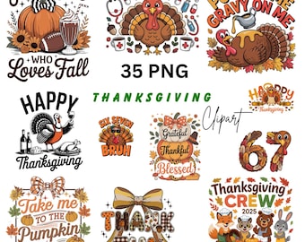 Floral Turkey Thanksgiving PNG Bundle, Fall Thankful Clipart (35 Files)
