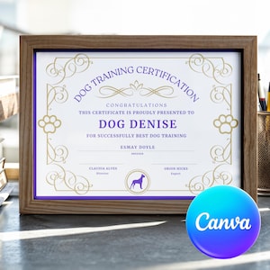 Druckbare Hundeschulungs-Zertifikatsvorlage Digitales Hundeschulungsdiplom Bearbeitbare Canva-Vorlage Abschlusszertifikat für die Hundeschulung