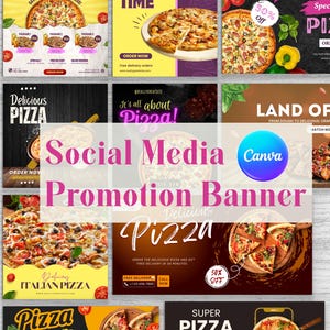 May include: A collection of social media banner designs for promoting pizza. The banners feature various pizza toppings, including pepperoni, mushrooms, and olives. Some banners include text such as "Delicious Pizza", "It's all about Pizza!" and "Land of Pizza".