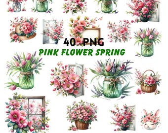 Clipart printemps fleurs roses : graphiques floraux fantaisistes (téléchargement numérique - 28 fichiers PNG)