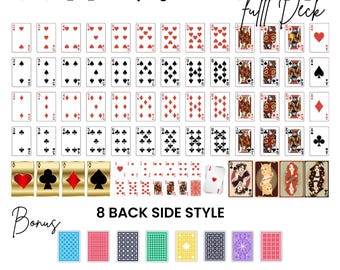 May include: A complete deck of playing cards featuring hearts, diamonds, clubs, and spades. The image displays the full deck, eight back styles, and the text "Playing Cards" and "full Deck".