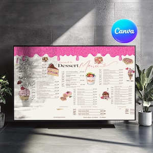 Paquete de menú de restaurante de TV con descarga digital, menú de café, menú indio, menú de cócteles, menú de postres y plantilla de menú de comida Canva I-D