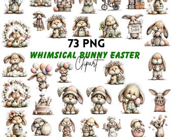 Whimsical Bunny Easter Clipart: Festive Graphics (Digital Download - 73 PNGs)
