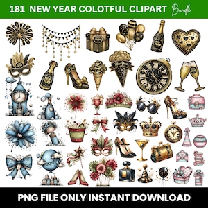 Könnte beinhalten: Eine Sammlung farbenfroher Neujahrs-Clipart. Die Bilder umfassen Champagnerflaschen, Uhren, High Heels, Masken, Geschenkboxen und Luftballons. Der Text im Bild lautet "181 NEW YEAR COLOTFUL CLIPART Bundle" und "PNG FILE ONLY INSTANT DOWNLOAD".