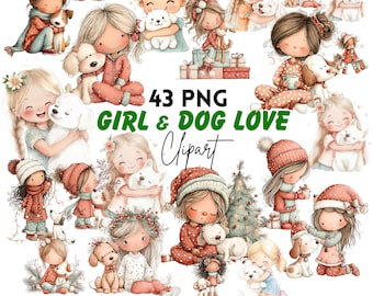 Whimsical Girl & Dog Love Clipart: Sweet Graphics (Digital Download - 43 PNGs)