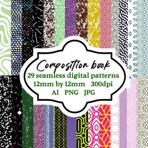 29 Seamless Composition Book Patterns, Composition Notebook Digital Paper, Journal Pattern, Planner Designs, School Notebook Digital Paper