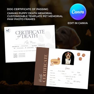 Certificado de passagem de cachorro em tela, memorial de morte de filhotes, modelo personalizável, molduras para fotos de patas de memorial de animal de estimação