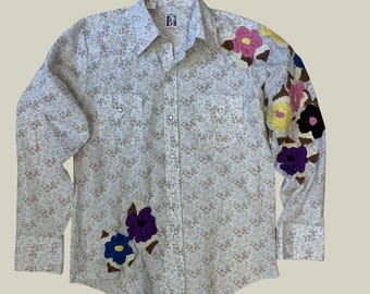 Vintage Karman Made in USA Floral Western Shirt – Hand-Embroidered One-of-a-Kind Piece