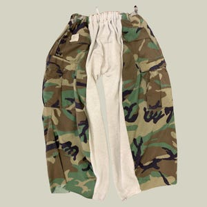 Upcycled Woodland Camo Patchwork Sweatpants – Reworked Military Cargo & Jersey Pants – Wide Leg Elastic Waist Trousers