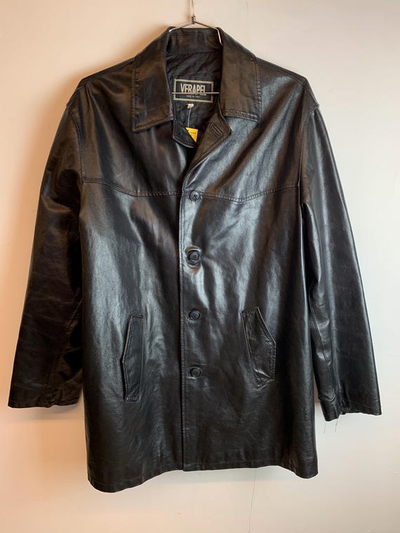 Vintage Black Leather Jacket VERAPEL Made in Italy | 90s Leather Blazer Coat | Minimal Leather Jacket | Mens Womens Leather Jacket XL