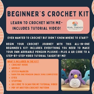 May include: A crochet kit for beginners, featuring the text "Beginner's Crochet Kit" and "Learn to Crochet with Me - Includes Tutorial Video!" The kit contains a crochet hook, needle, stitch marker, yarn, eyes, stuffing, and a QR code for a video tutorial.